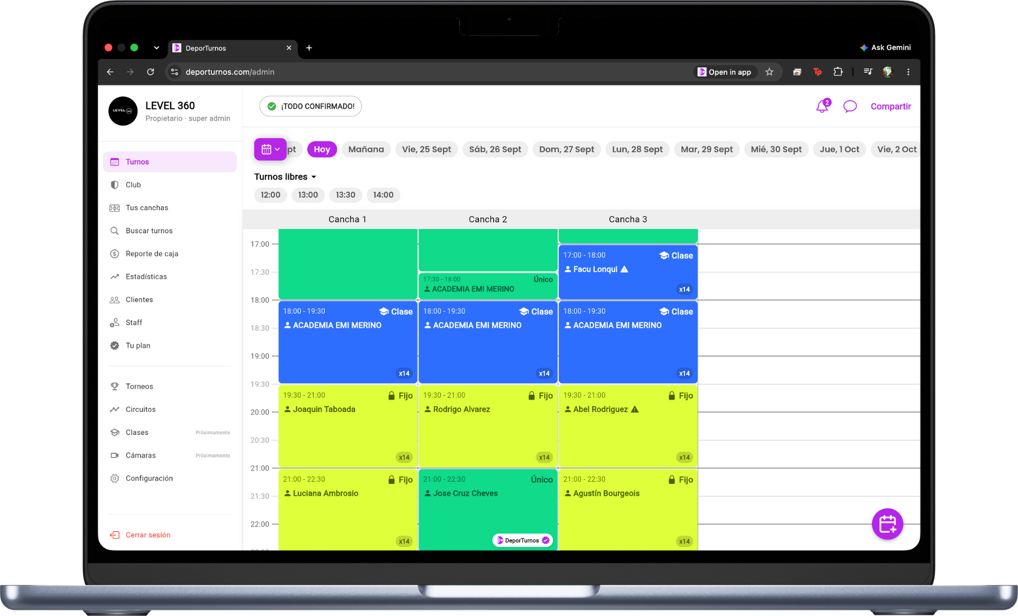 Panel de DeporTurnos — calendario de turnos por cancha