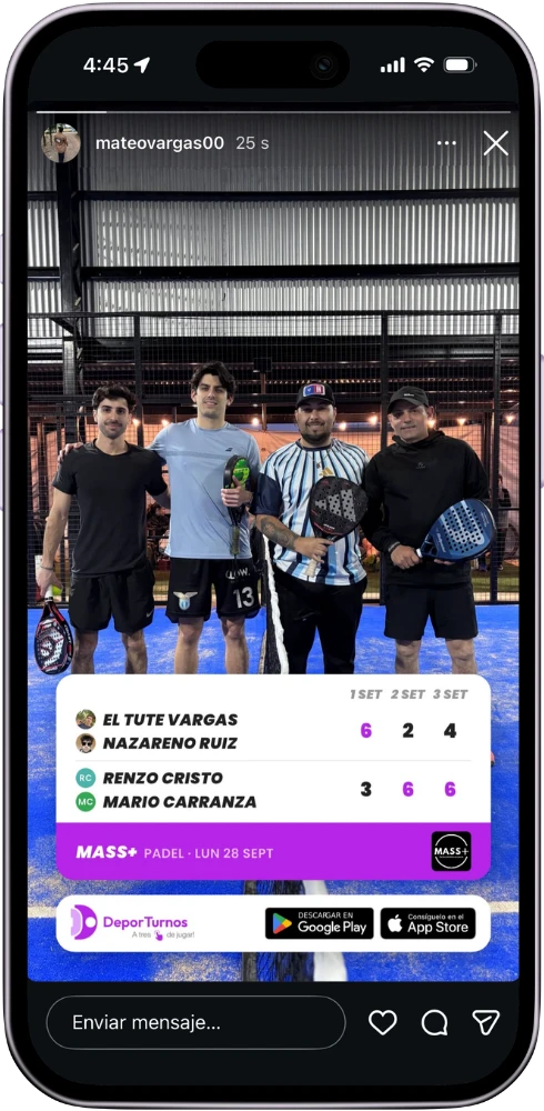 Historia de Instagram con el resultado de un partido de pádel, generada por DeporTurnos