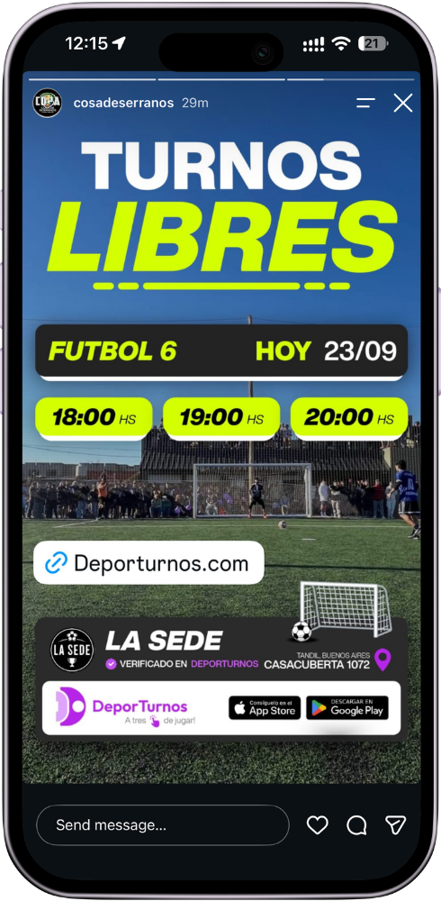 Historia con los turnos libres del día, generada por DeporTurnos
