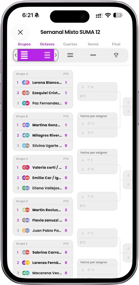 Fase de grupos y llave del torneo en la app de DeporTurnos
